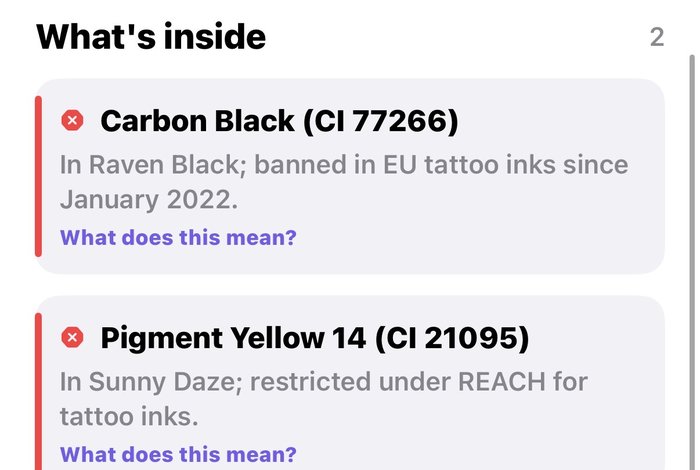 Banned pigments flagged: Carbon Black and Pigment Yellow 14